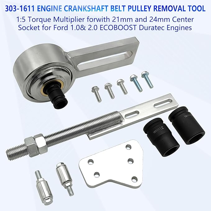 ZKTOOL Engine Crankshaft Belt Pulley Removal Tool - for Ford 1.0& 2.0 ECOBOOST Duratec Engines - 1:5 Torque Multiplier, 21MM/24MM 1/2-Inch Drive, OEM:303-1611 303-1611-01 303-1611-02