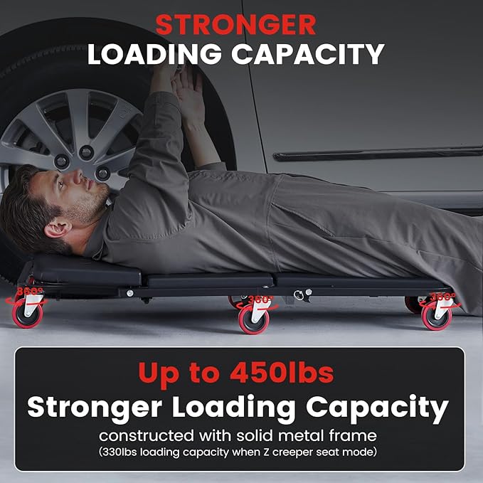 Creeper, 40 Inches 4 in 1 Z Creeper Seat 2025 Upgraded 450 lbs Capacity Garage Chair Adjustable Rolling Folding Car Creeper with 6 pcs 3" Wheels,Lay Down or Sit for Garage, Shop, Auto Repair