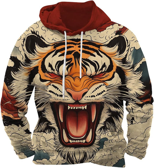Mens Animal Print Graphic Hoodies Casual Long Sleeve Japanese Art Style Hooded Sweatshirt Lightweight Pullover Tops