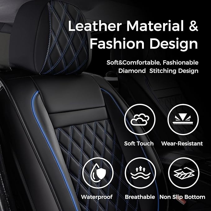 Huidasource Front Car Seat Covers, Leather Car Seat Cushion, Automotive Car Seat Cover Protector Universal Fit Front Seat, Airbag Compatible, for Most Cars,Vans,Trucks, SUVs (Front Pair/Black&Blue)