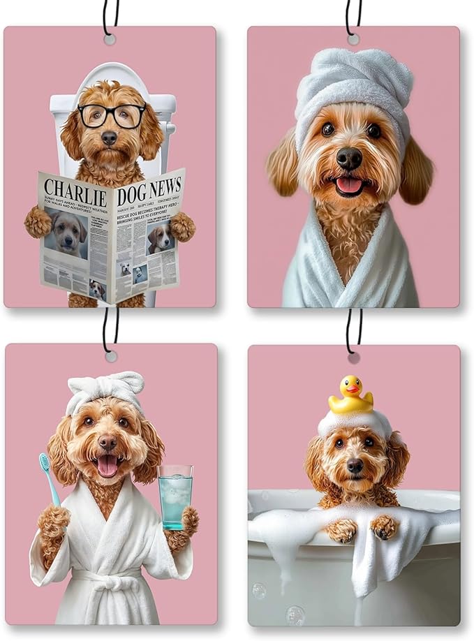 Golden Doodle Dog Bathroom Air Freshener 4 Pcs, Pink Goldendoodle Dog Hanging Scents Air Freshener for Women Girls Gifts, Cute Puppy Scented Car Accessories Decor for Bathroom Washroom