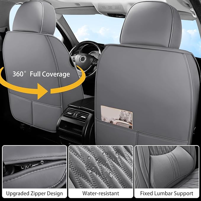 WELLDO Car Seat Covers Full Set, Premium Nappa Leather Seat Covers for Car, Waterproof Car Seat Protector with Lumbar Support, Automotive Seat Covers Universal Fit for Most Cars SUV Truck,Gray,w02.