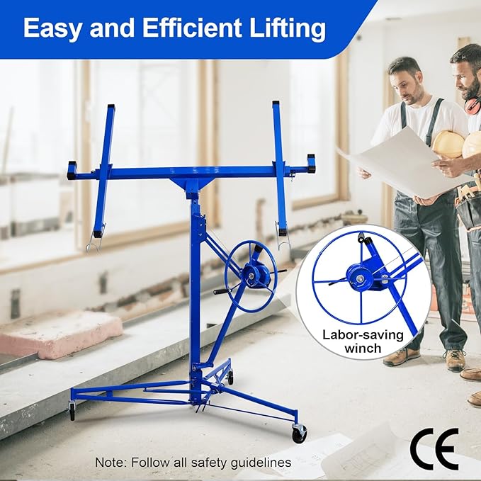 11FT Drywall Lift Sheetrock Lift, 150LBS Capacity, Drywall Lift Panel Hoist with Telescopic Arm, Drywall Jack Lift with 3 Lockable Wheels for Home Improvement Classic, 4'x16' Panel Size, Blue