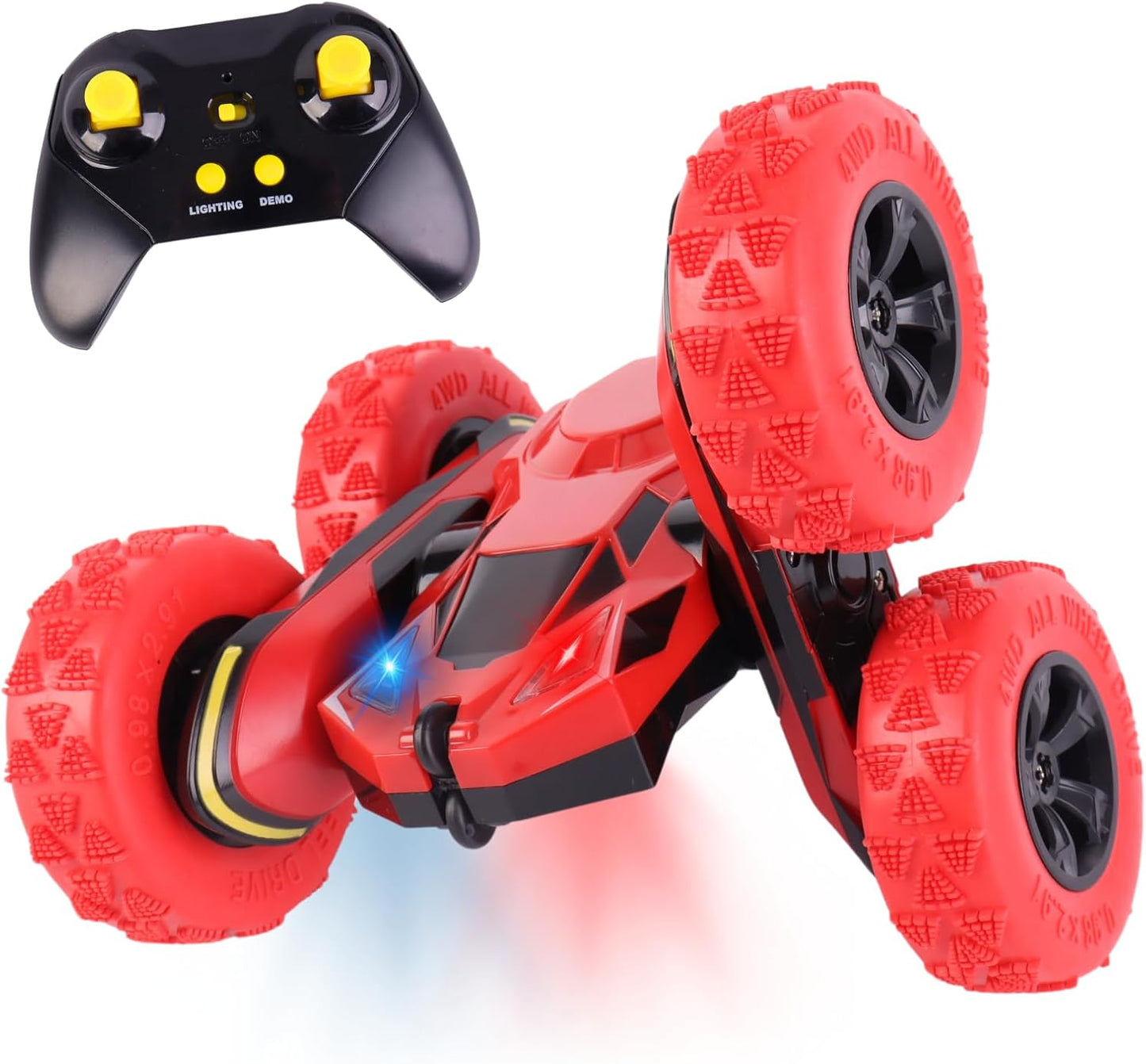 All-Round Drive Stunt RC Car - 360° Spins, High-Speed Off-Road with LED Headlights, 2 Rechargeable Batteries, AAA Remote Batteries, All-Terrain for Kids 6+ & Adults (Red)