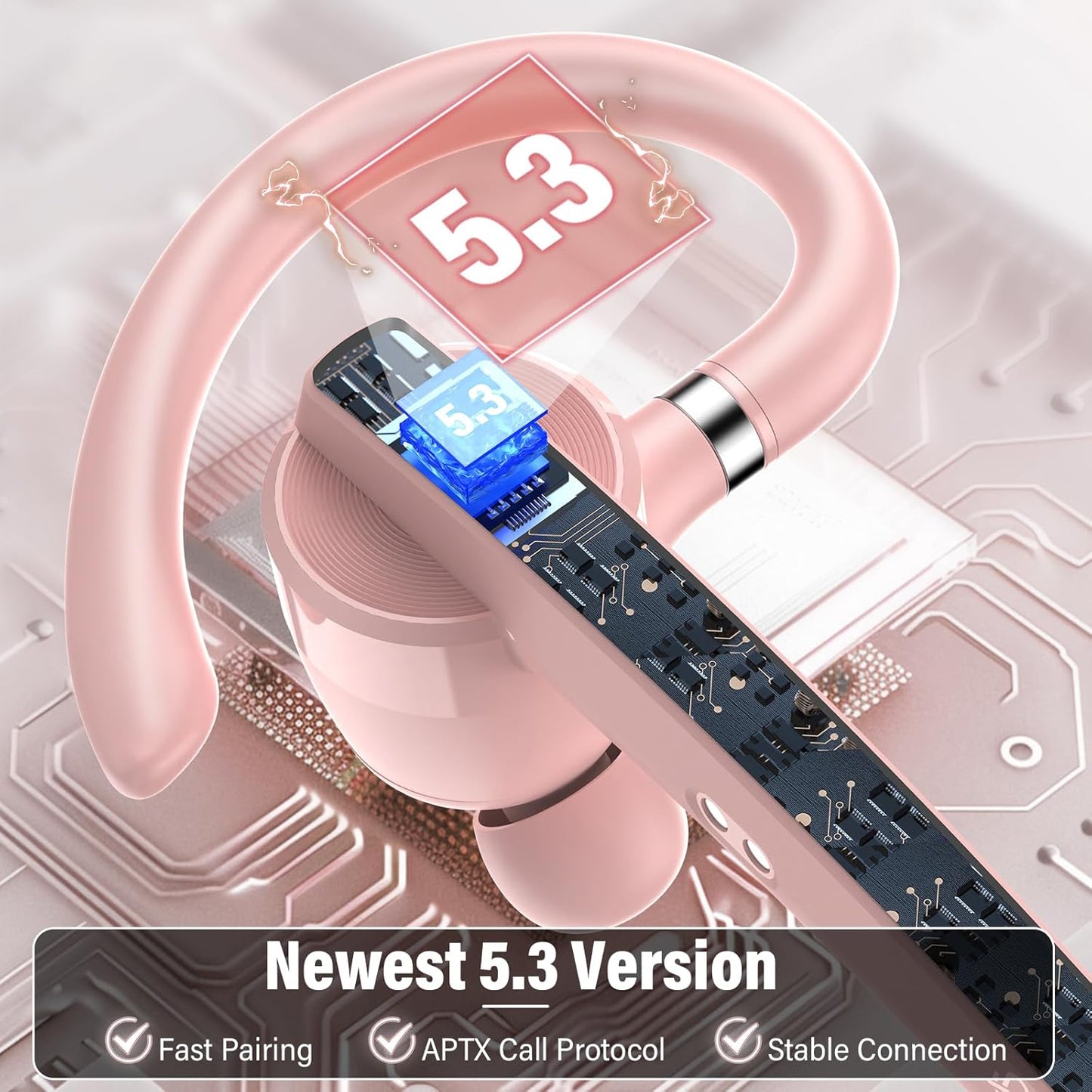 Bluetooth Headset, Wireless Bluetooth 5.3 Earpiece, 90Hrs Hands Free Headset with APTX HD Audio & Mute Button, Dual Noise Cancelling Mics, Single-Ear Headphone for Trucker/Business/Gym/Pink