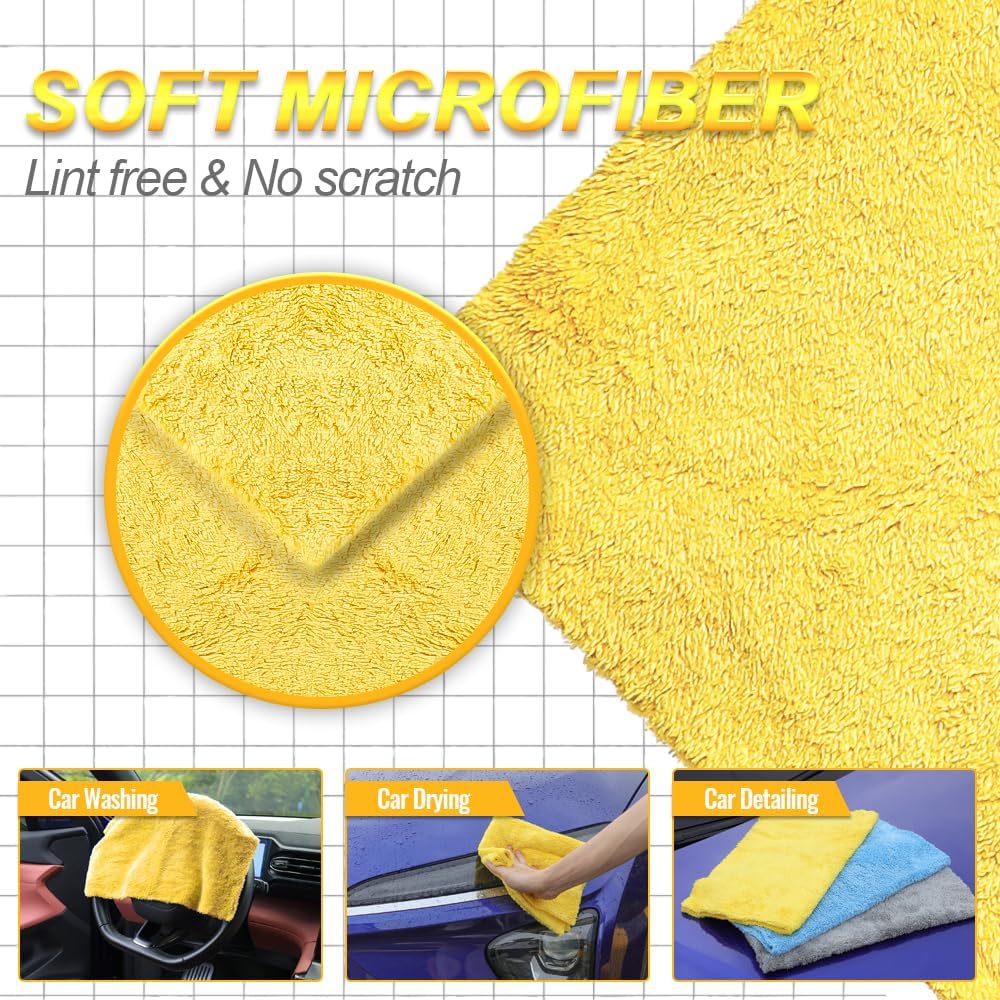 Car Drying Towel(Coral Fleece),for Car Exterior & Interior,Absorbent, Lint-Free, Extra Soft Endless,Reusable and Durable,Microfiber Rags 16in x 16in-Yellow 12 Packs