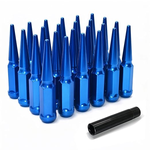 1/2"-20 Blue Wheel Spike Lug Nuts, 24 PCS Lug Nut Wheel Accessories with 1 Socket Key, Thread Spiked 4.4" Long Closed End Nuts Compatible with Wrangler Cherokee Explorer