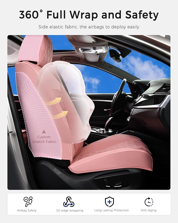 Huidasource Pink Front Seat Covers, Nappa Leather Front Car Seat Covers, Side Elastic Fabric, Compatible with Airbags, Seat Belts, Universal Fit for Most Cars, Vans, Trucks, SUV (Front Pair/Pink)