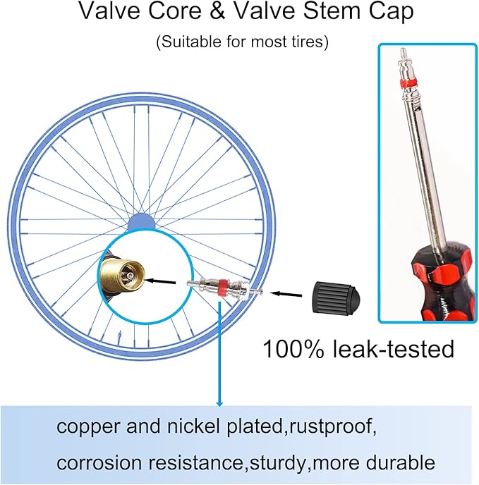 64PCS Tire Valve Stem Removal Tool Kit - 40PCS Tire Valve Cores, 20PCS Valve Stem Caps, 4-Way Valve Tool, Single and Dual Heads Valve Core Remover Tire Repair Tool