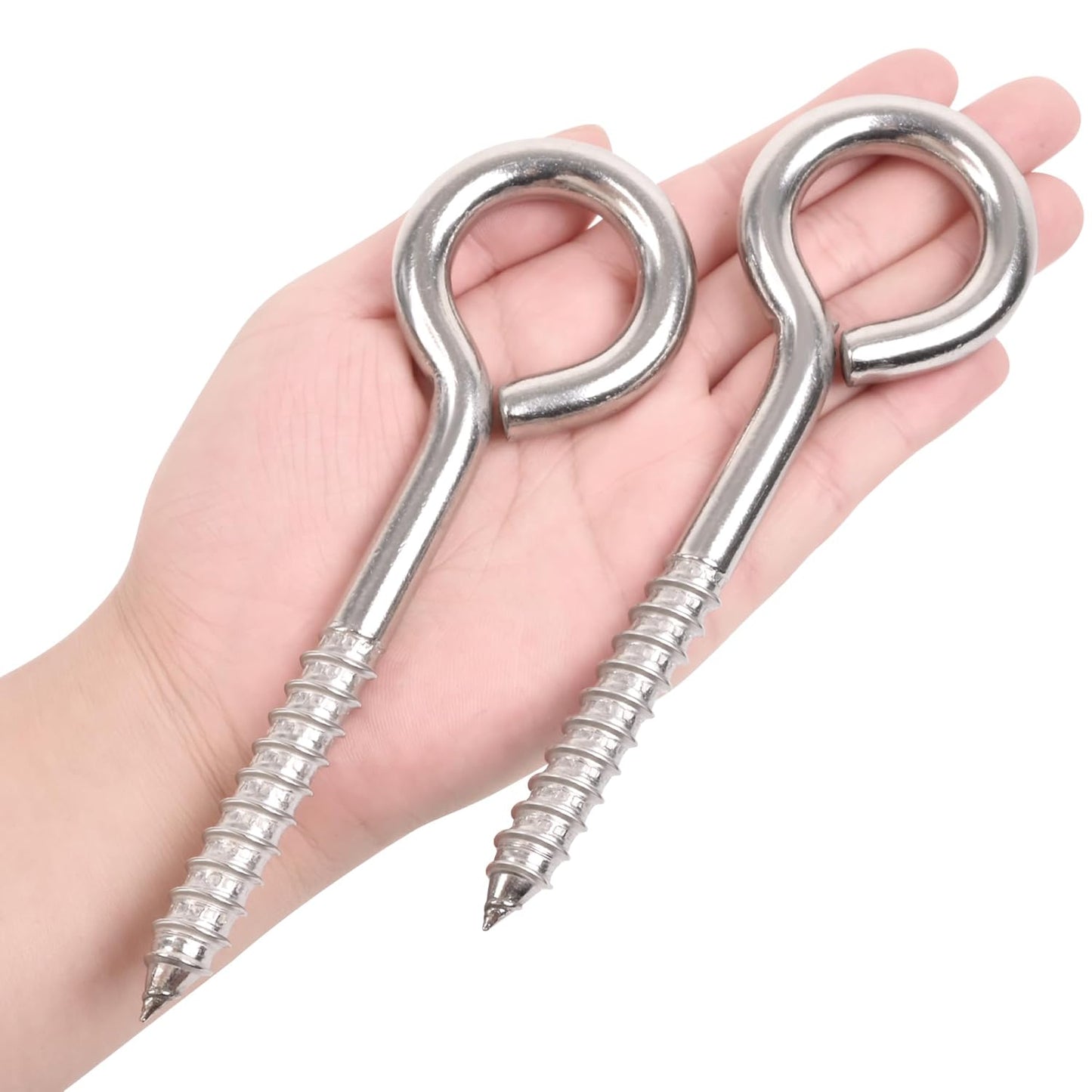8Pcs 6 Inch Heavy Duty Screw Eyes Hooks, 304 Stainless Steel Self Tapping Eyelet Screw Eye Bolts,800LBS Breaking Strength, Screw in Eye Hooks for Wood Securing Cables Wire. (8, M10-6 Inch)