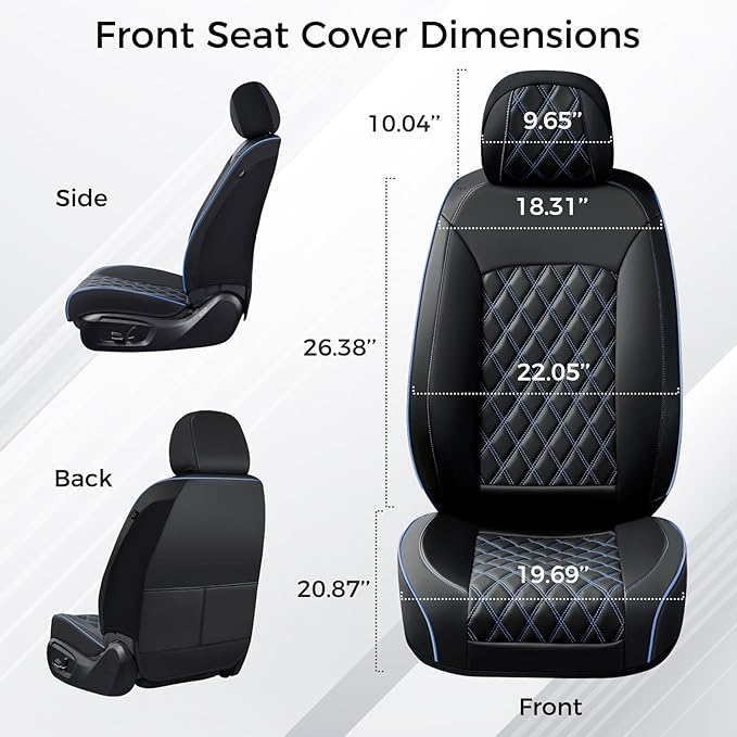 Huidasource Seat Covers Full Set, Nappa Leather Seat Covers, Blue Car Seat Covers, Universal Fit Front & Split Bench Rear, Airbag Compatible, for Most Cars,Vans,Trucks, SUVs(Full Set/Black&Blue)