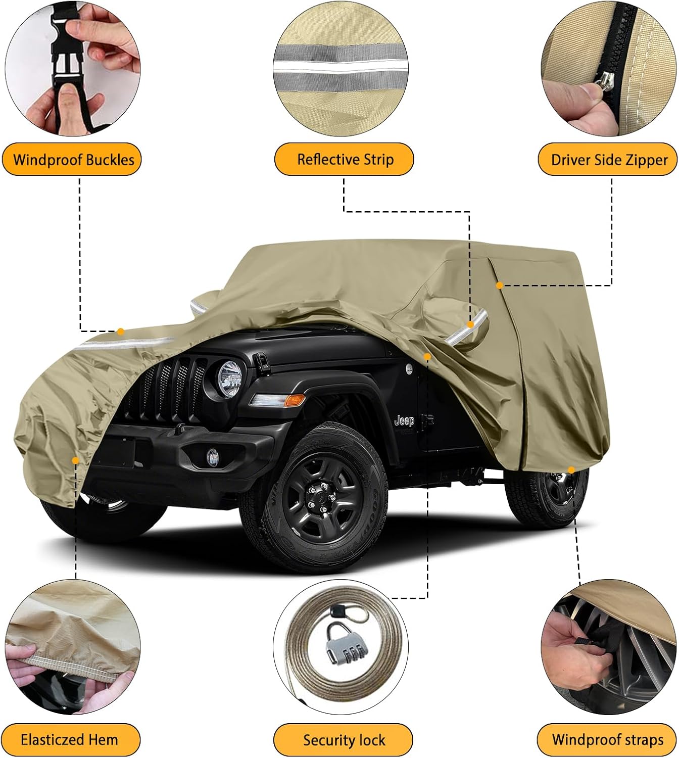 Waterproof Car Covers Replace for 2007-2025 Jeep Wrangler 2 Door, Multilayer Heavy Duty with Cotton Liner All Weather Car Cover with Zipper Door, Windproof Bands for Snow Rain Dust Protection