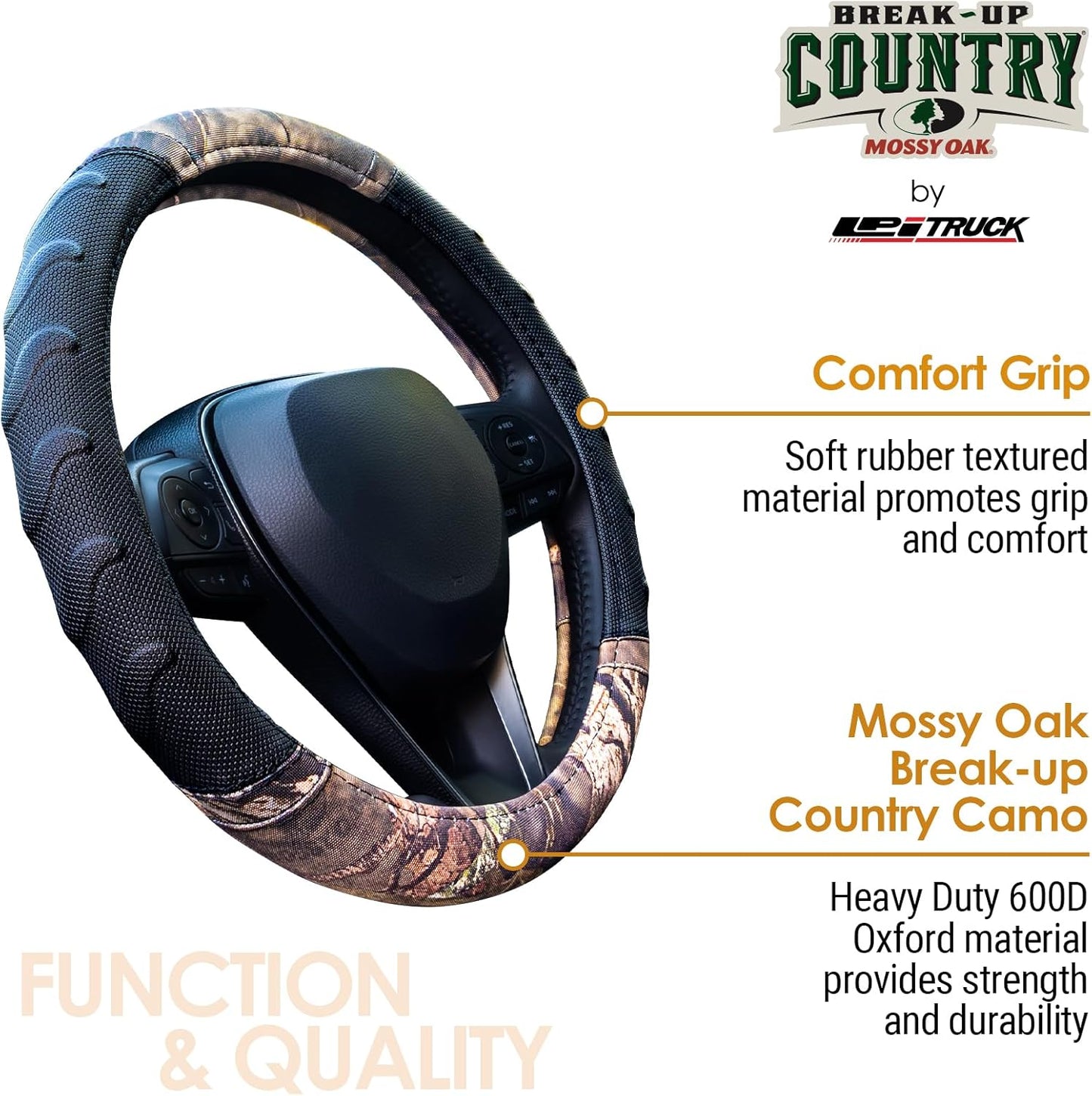 Mossy Oak Steering Wheel Cover with Comfort Grip; Heavy Duty 600D Oxford Material with Mossy Oak Break-up Country Camouflage; Fits Sedans Compact SUVs Mini Vans with Steering Wheel Size 14.5" to 15"