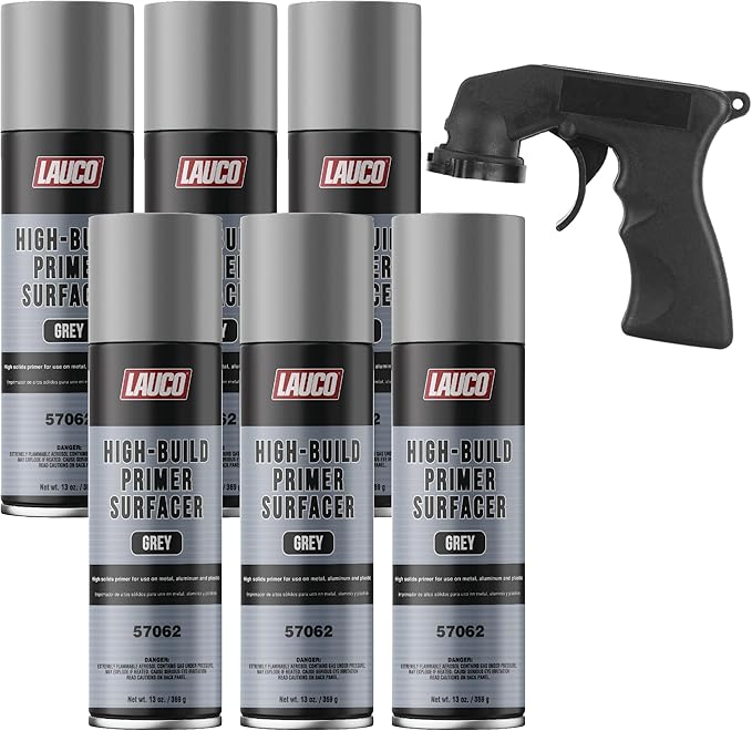LAUCO High-Building Primer Surfacer Grey 13oz Aerosol Spray Can with Aerosol Spray Gun - Pack of 6 - For Automotive and Industrial Use