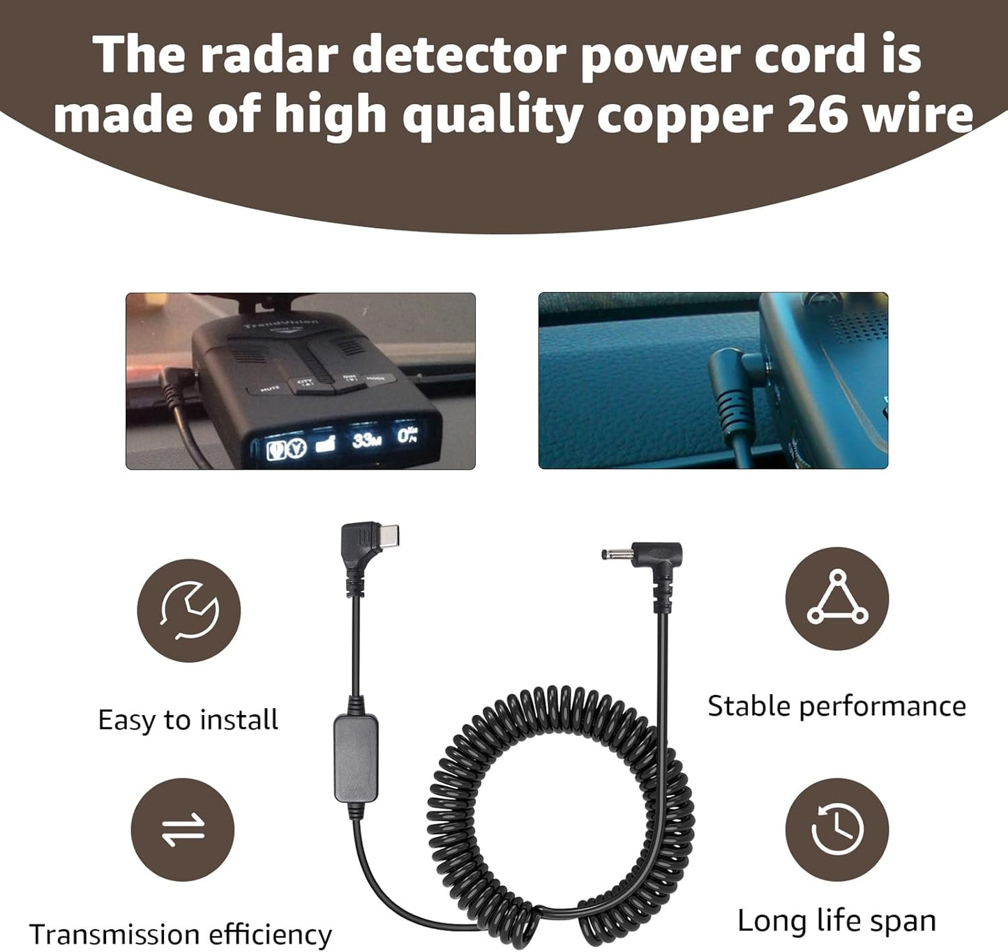 USB-C to DC3.5 Power Cable for Radar Detectors, 8.2FT 5V-12V Type C Power Cord Compatible with Cobra RAD 480i, 350, 380, Uniden DFR1,3,5 Series, Whistler, & Radenso Radar Detectors
