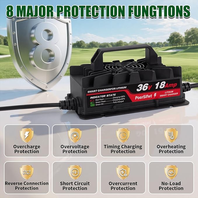 43.8V 18A LiFePO4 Battery Charger, 36V 18A Smart Lithium Battery Charger with LED Light, Waterproof 36 Volt Charger for Electric Forklift, Scooter, Tricycle, AGV Robot, Solar Energy
