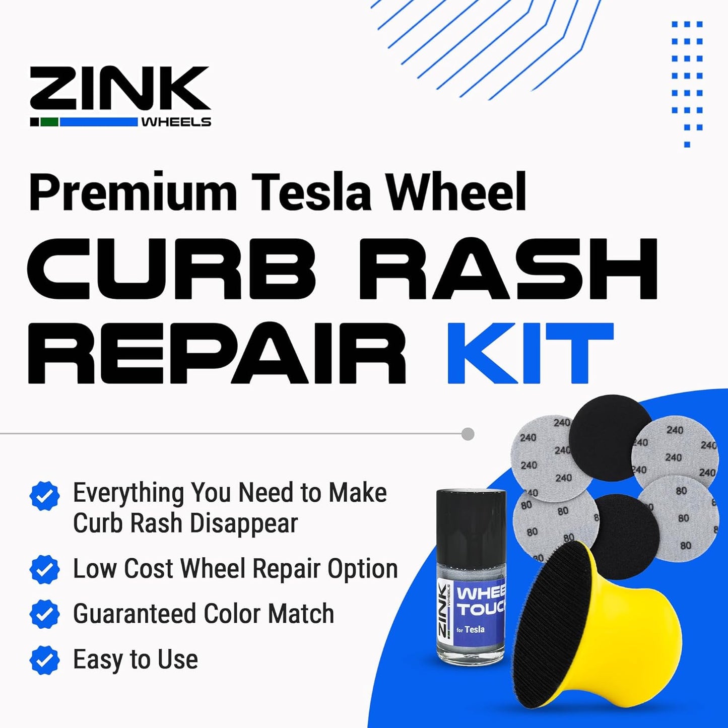 Premium Tesla Wheel Curb Rash Repair Kit for Model S 21-inch Silver Twin Turbine Rims - DIY Kit with Color-matched Touch Up Paint - Made in USA