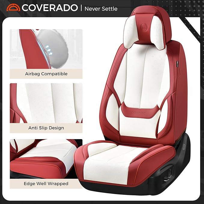Coverado Seat Covers, Car Seat Covers Front Seats, Car Seat Cover, Car Seat Protector Waterproof, Seat Cushion Nappa Leather with Head Pillow, Carseat Cover Universal Fit for Most Cars (Red&White)
