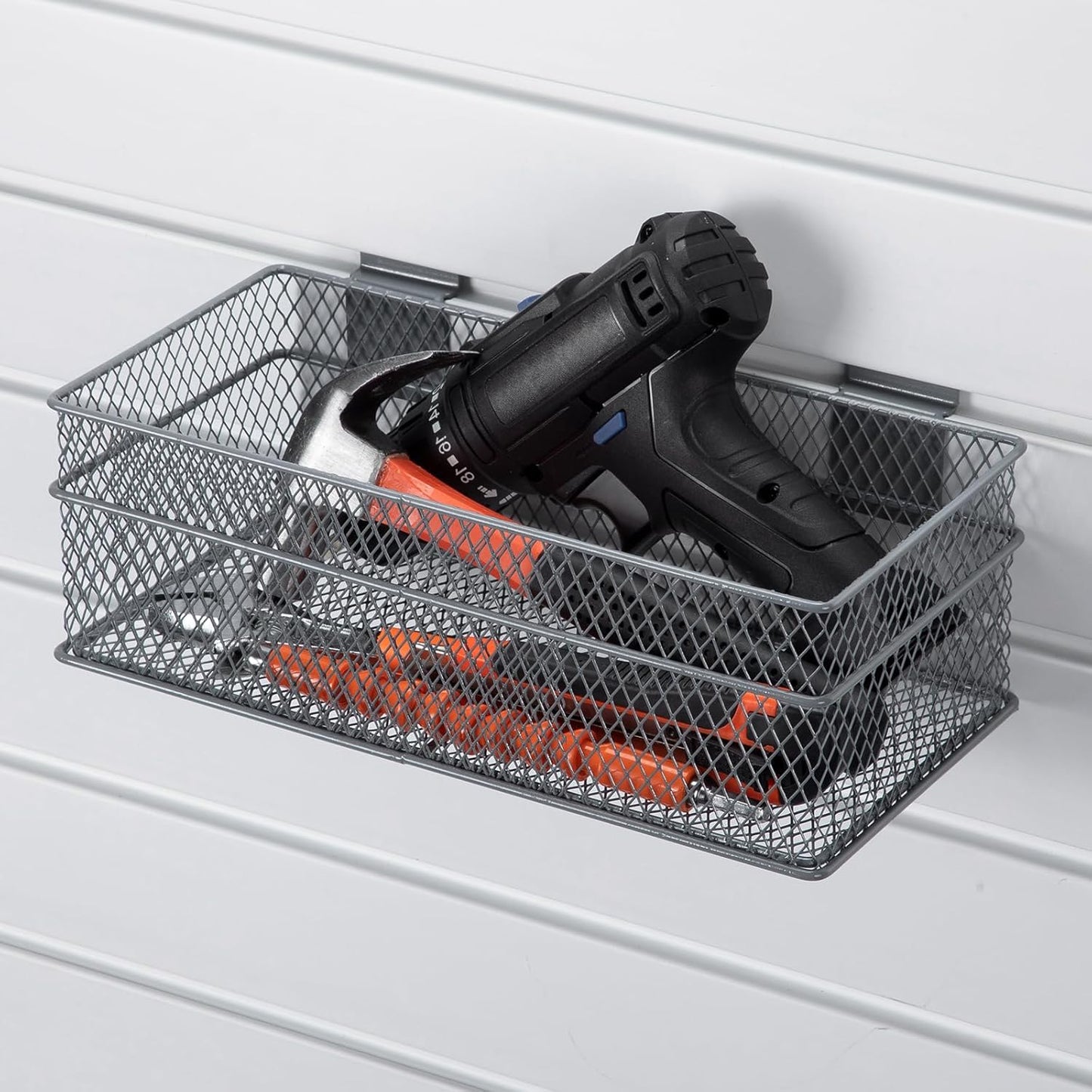 Barydat 4 Pcs Slatwall Basket Set Ventilated Metal Slatwall Basket Hanging Wire Bins Wall Mounted Accessories for Panel Garage Storage Display Organizing(Multi Size,Gray)