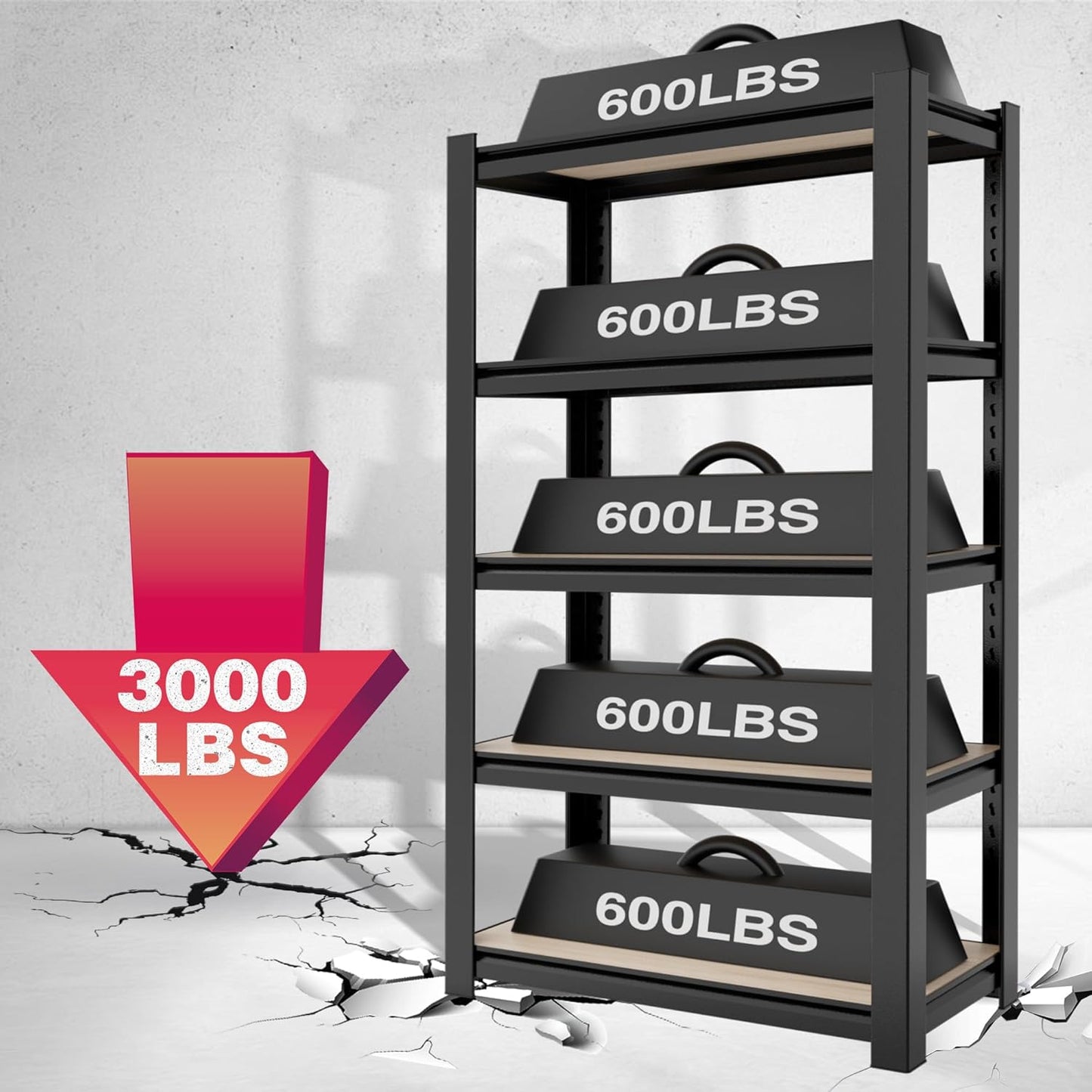 WORKPRO House 5-Tier Shelving Unit, 3000lbs Adjustable Storage Shelves, Boltless Book Shelf, Shelf Organizer for Kitchen, Living Room, Bathroom, Wood Grain Pattern, Waterproof Board, 24-1/10"W, Black