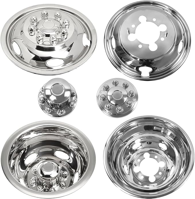 4pcs 17" Polished Stainless Steel Dually Wheel Simulators,Nice Looking Bolt On Wheel Cover with Removable Centre Cap,8 Lug 5 Hand Hole Hubcap Fit for 2003-2018 Dodge Ram 3500 17D8