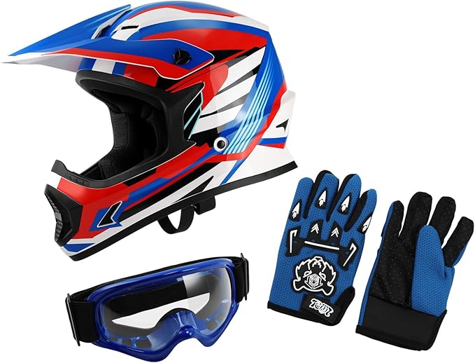 XFMT DOT Youth Kids Dirt Bike Helmet Full Face Motocross Helmets for Off-Road ATV Street Bike Four Wheeler Motorcycle with Goggles & Gloves, Red White and Blue Large