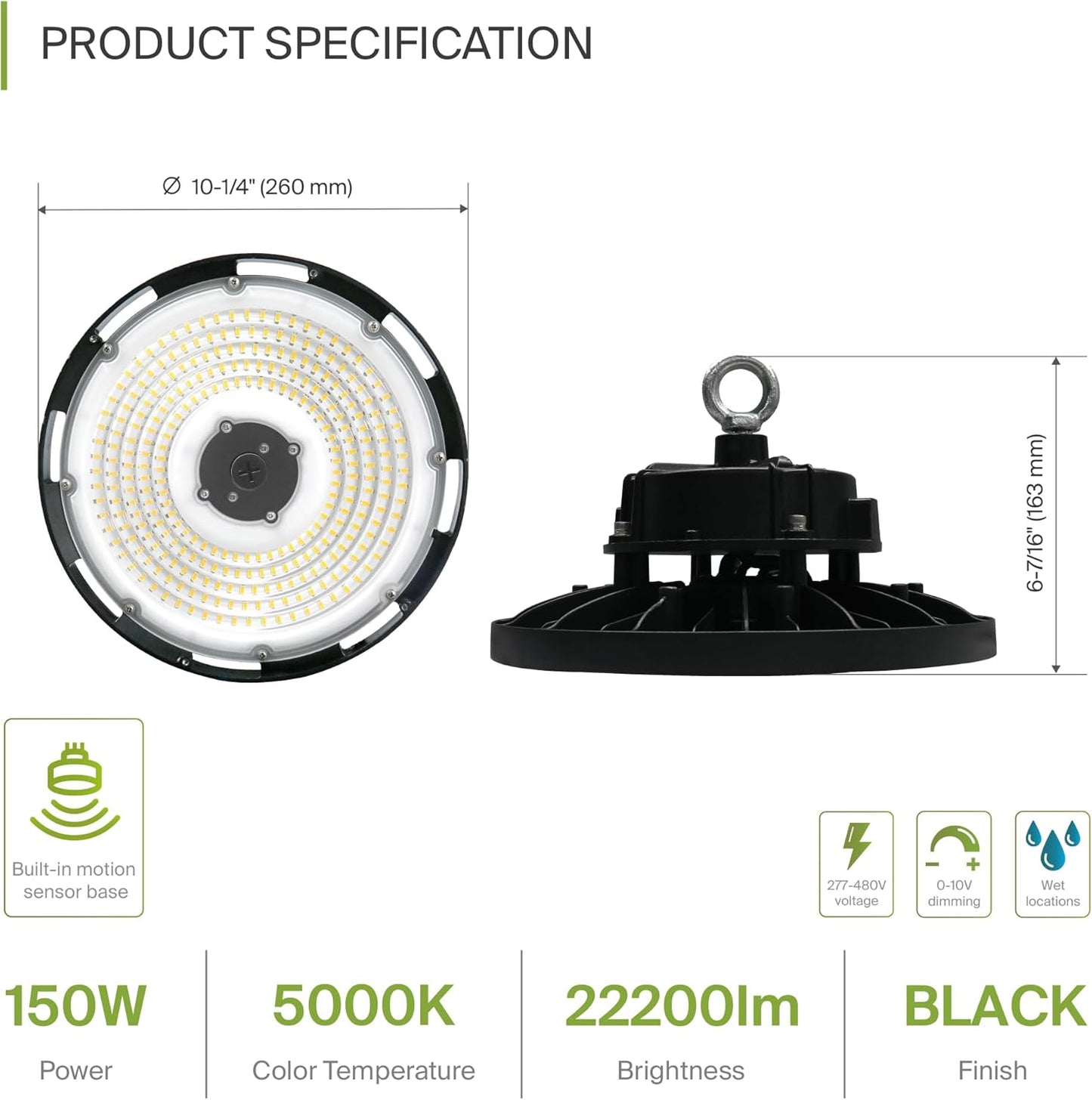 ASD LED High Bay UFO Light Fixture, Commercial Shop Lighting | Dimmable, IP69K Waterproof, DLC Premium, UL Listed | 150W 22000LM 5000K 277-480V | Warehouse, Garage, Workshop, Barn Lamp | Black