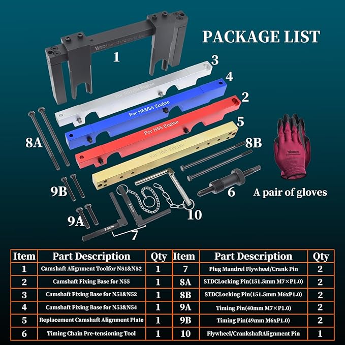 Master Engine Timing Vanos Camshaft Alignment Locking Tool Kit, Compatible with BMW 2.5 3.0 N51 N52 N53 N54 N55 S55 Engines, Including BMW 3 Series 328i, Crankshaft Flywheel Alignment Tool