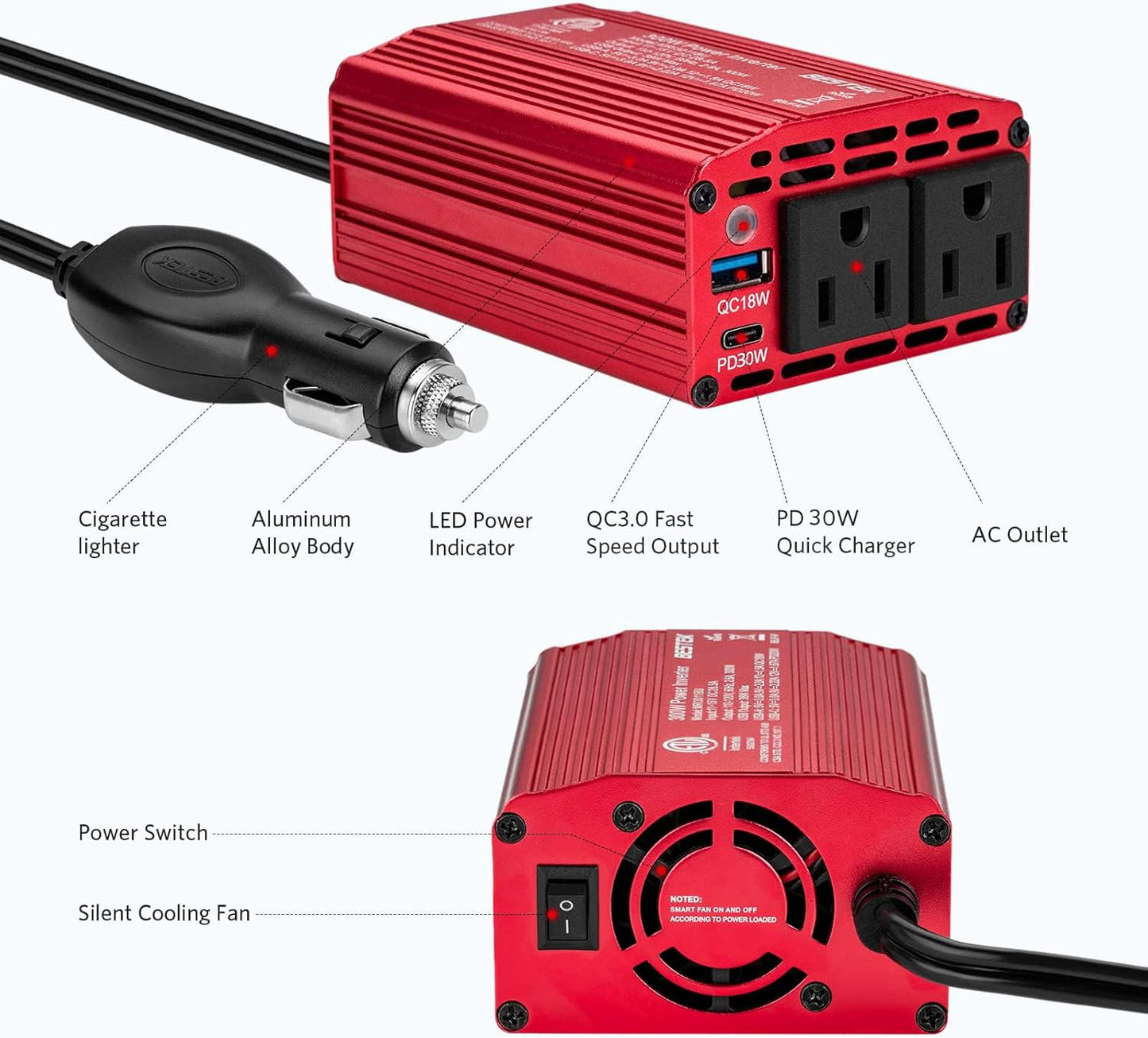 BESTEK 300W Power Inverter - DC 12V to 110V AC Converter, Fast Car Charger Adapter with 30W USB-C/18W Quick Charge/Dual 110V AC Car Plug Outlet for Laptop