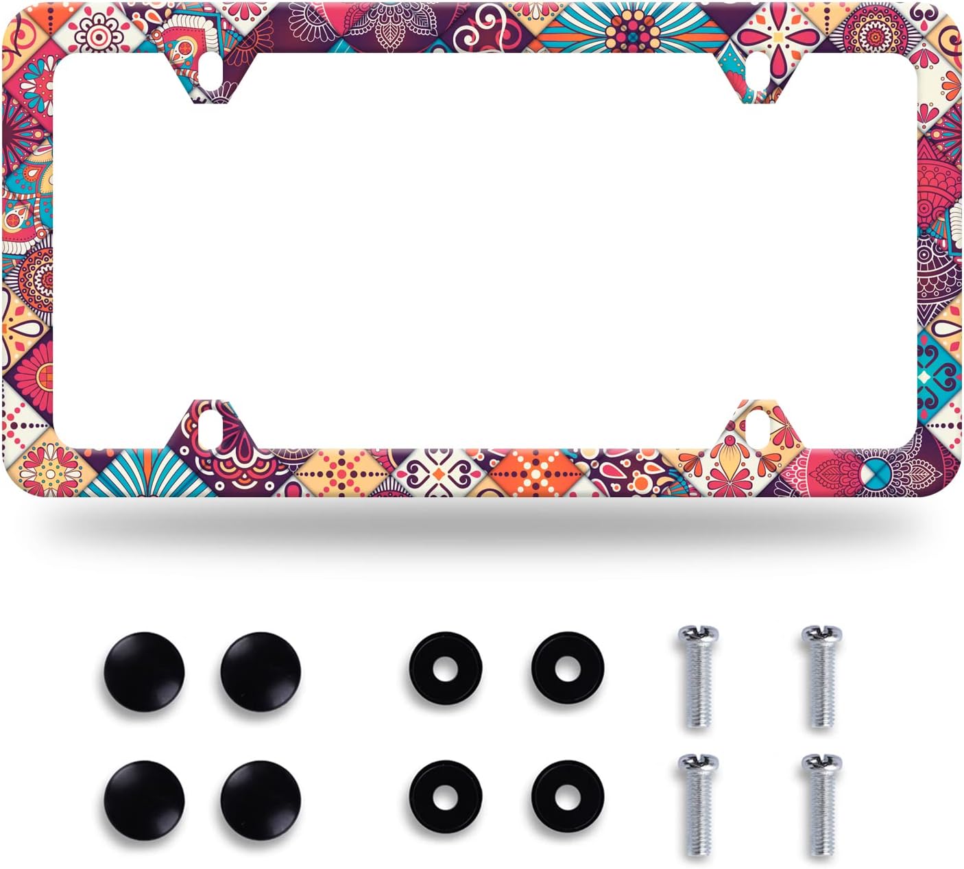 Stitching Tile Boho Pattern License Plate Frame Stainless Steel Parts Colorful License Plate Decorative with Screws Size 12.3" x 6.3" Women
