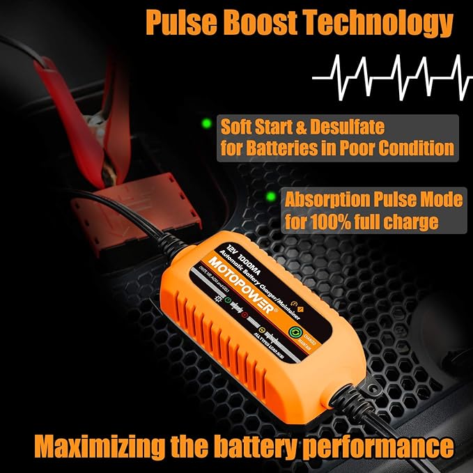 MOTOPOWER 12V 1000mA Automatic Charger - Battery Maintenance - Maintain Charger and Battery Desulfator with Timer Protection.