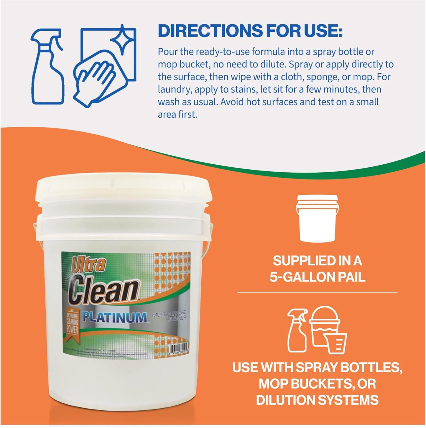 Ultra Clean Platinum Multipurpose Cleaner, Non-Abrasive and Bleach-Free, for Kitchen Counters, Bathroom Floors and Garage Spaces, Citrus, 5 Gallons