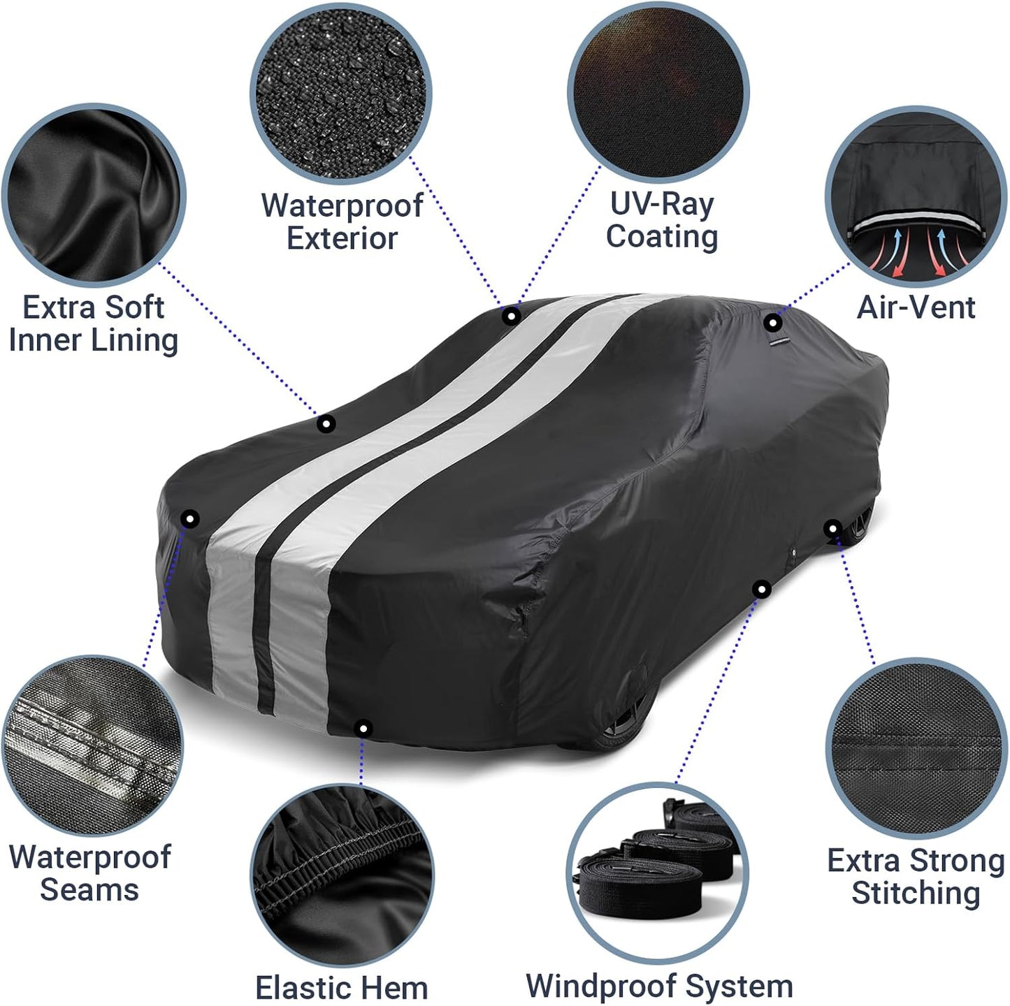 iCarCover Custom Car Cover for Chevy Business Coupe (1939-1941) Waterproof All Weather Rain Snow UV Sun Protector Full Exterior Indoor Outdoor Car Cover (Stripe - Black/Gray)