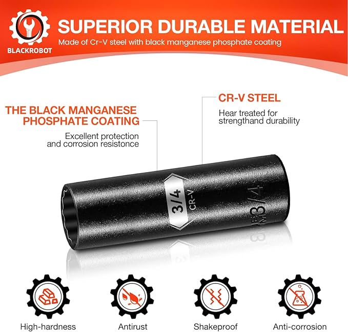 BLACKROBOT 3/4 inch 12-Point Deep Impact Socket, 1/2 Inch Drive, Metric, Cr-V Steel With Black Manganese Phosphate Coating