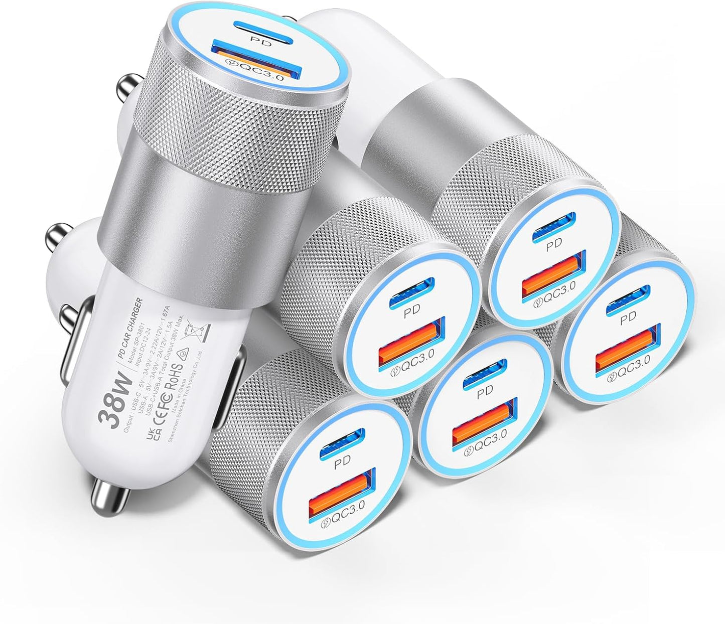 Car Charger USB C 6-Pack, Ancekoy 38W Dual Port Cigarette Lighter with PD3.0 + QC3.0 Type C Car Charger Adapter iPhone 16/15 Pro Max/Samsung Galaxy S24/S23/S22Plus/Ultra/,iPad Pro(White)