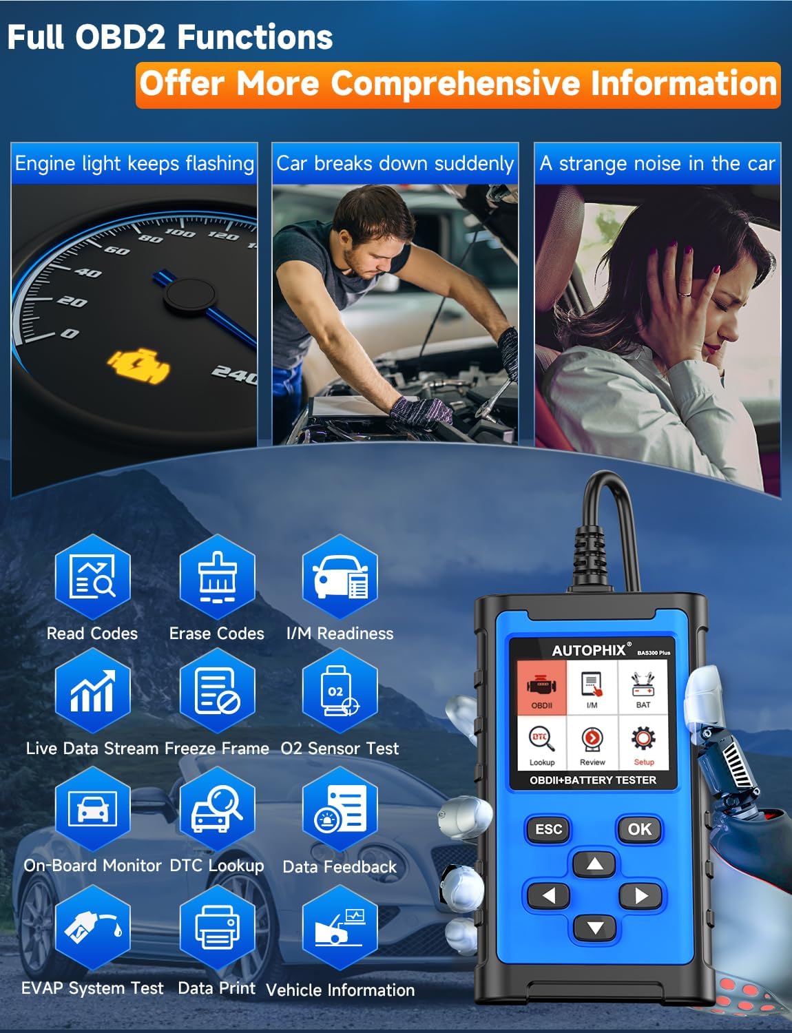 AUTOPHIX BAS300 Plus OBD2 Scanner & Battery Tester(Upgrade of BAS100), 2-in-1 Car Diagnostic Tool, 12V 100-2000 CCA Battery Charging Cranking Test, Check Engine Light Car Code Reader for All US Cars