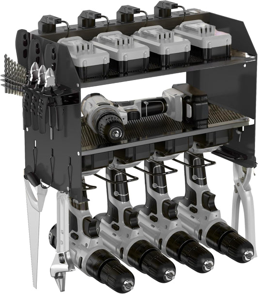 3-Tier Modular Drill Holder & Power Tool Organizer Wall Mount with Charging Station, Tool Storage Rack with Hooks, 8-Outlet Power Strip, Bit Rack & Cordless Garage Tool Organization (Black)