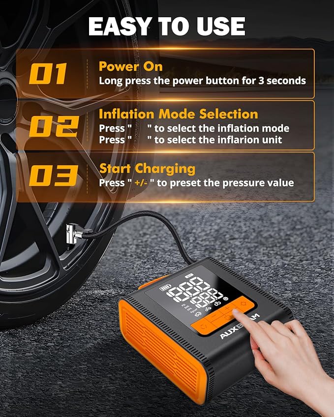AUXBEAM Tire Inflator Portable Air Compressor,150PSI Car Tire Pump 4 Inflation Modes Cordless Air Pump With LCD Screen for Car, Motorcycle, Bike, Ball