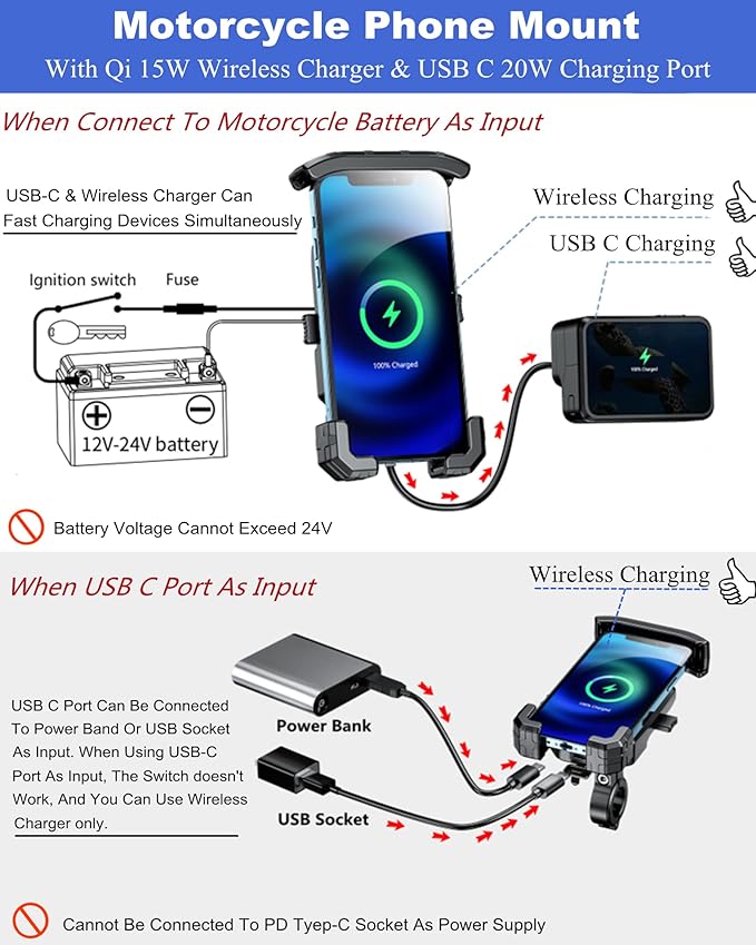 BRCOVAN Motorcycle Phone Mount Holder with Qi 15W Wireless Charger & PD/USB-C 20W Fast Charging Port, [1s Lock] Cellphone Cradle with Aluminum Alloy Handlebar Mounting Base for 4-7'' Smartphone
