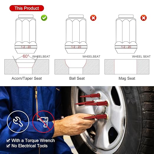 M14x2 Spike Lug Nuts, Set of 24 Red Spline Spiked Lug Nut with Key for Jeep Wrangler 1987-2024 Ford Expedition 2000-2024 F-250 F-350 1999-2024, M14x2 Acorn Solid Metal Truck LugNut