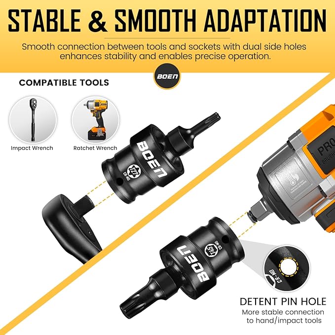 boen 3/8" Drive Universal Torx Bit Socket Set, 7-Piece SAE Impact Swivel Star Bit Sockets, 360° Rotation Flexible Wobble Torx Bit Driver Socket Set, With Storage Rail, CR-MO Steel