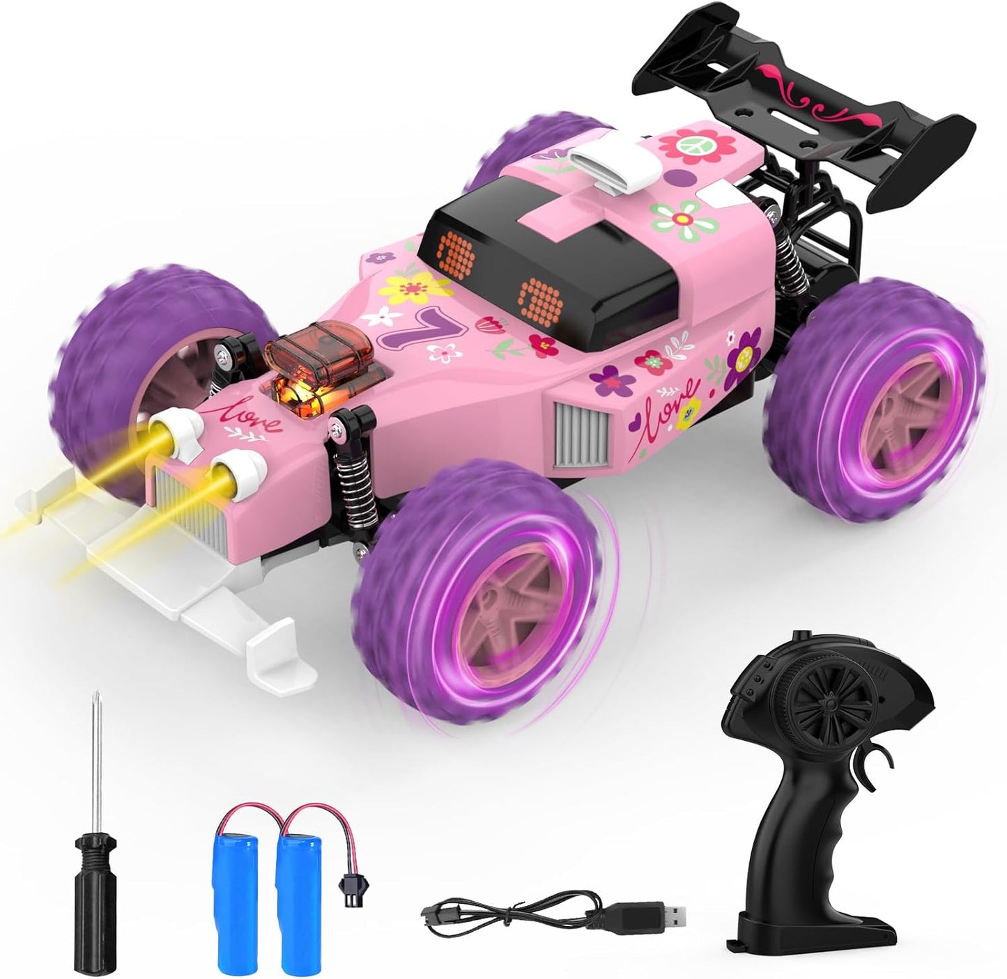 Pink Remote Control Car for Girls, RC Race Car Girl Toy with Colored Lighting Eyes, Rechargeable Battery, 2.4GHz RC Toy Vehicle for Kids, Birthday Christmas Toy Gifts.