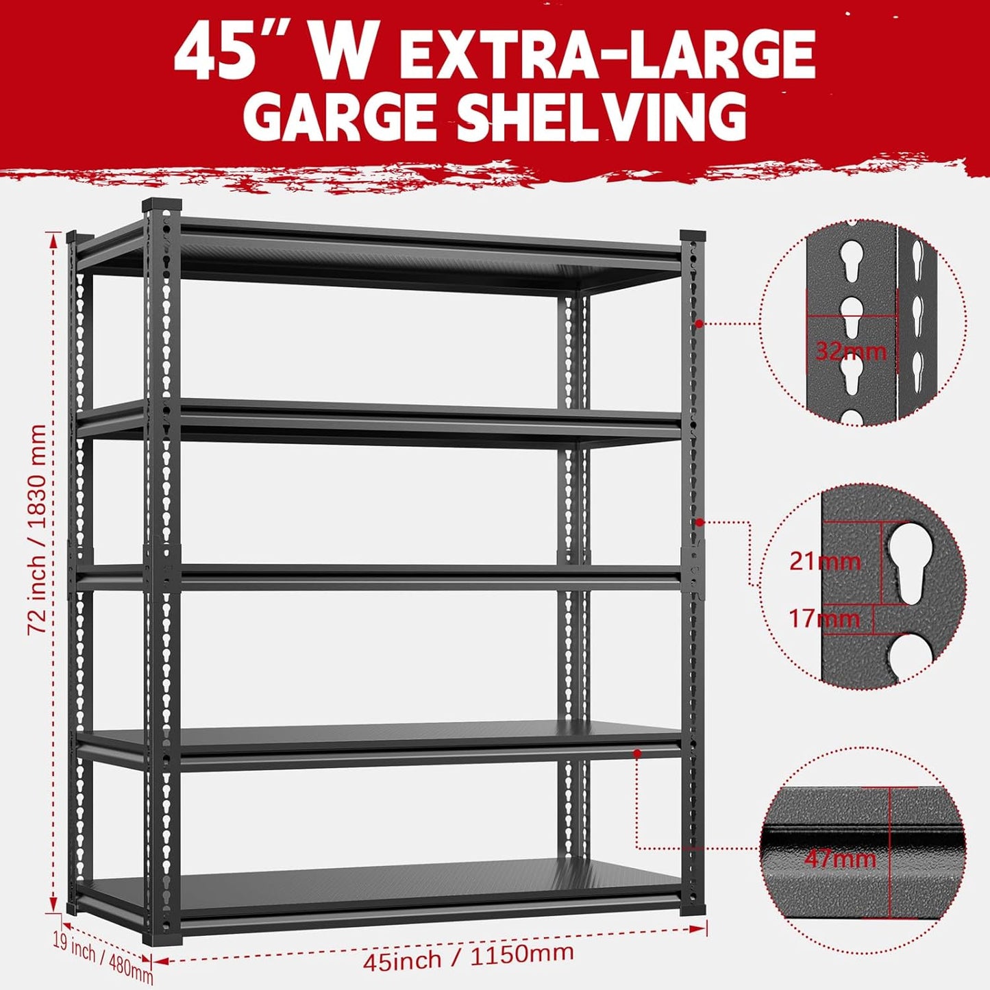 Heavy Duty Garage Shelving Unit 3000LBS, Adjustable 5-Tier Storage Rack with Boltless Design, 72" H X 45.2" W X 18.9" D Aluminum Metal Shelves for Basement, Garage & Warehouse Storage