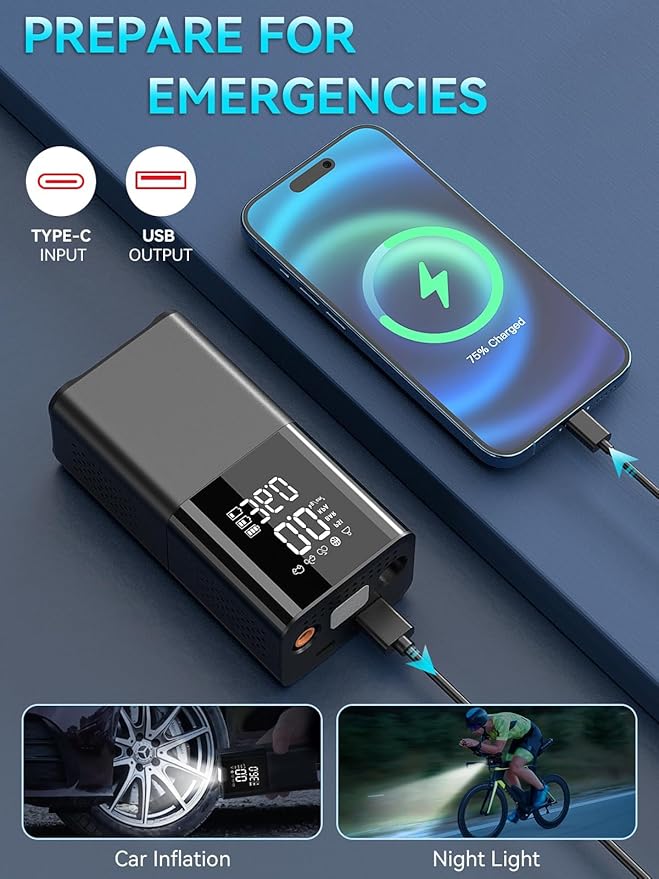 Tire Inflator Portable Air Compressor 150PSI Air Pump for Car Tires with LED Light, Digital Multifunctional Electric Cordless Tire Inflator for Car Motorcycle Bike and More