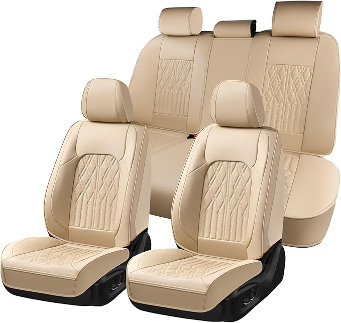 Huidasource Car Seat Covers Full Set, Breathable Leather Seat Cover for Most Car SUV Pickup Truck, Universal Fit for Mazda for Honda for Mini for BMW for Buick for Subaru for Ford(Full Set/Beige)