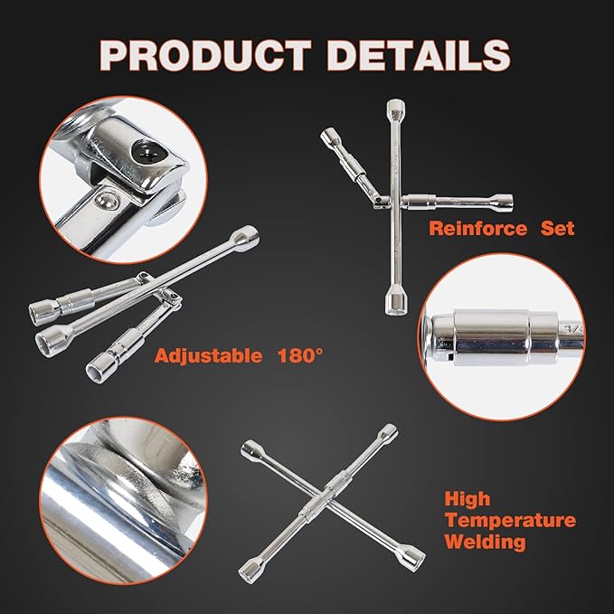 Folding Lug Wrench 4 Way,14-Inch SAE + Metric Tire Cross Wrench Universal and Foldable Wheel Wrench for Car,Trucks…