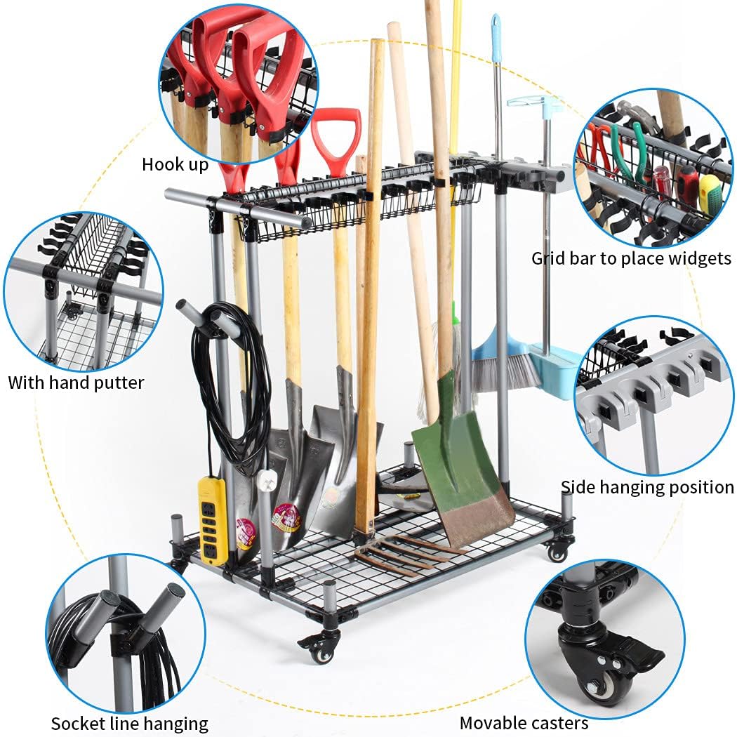 Mobile garden tool organizer metal Garage Storage Holder storage large long lawn tools heavy duty tool rack sturdy yard cart