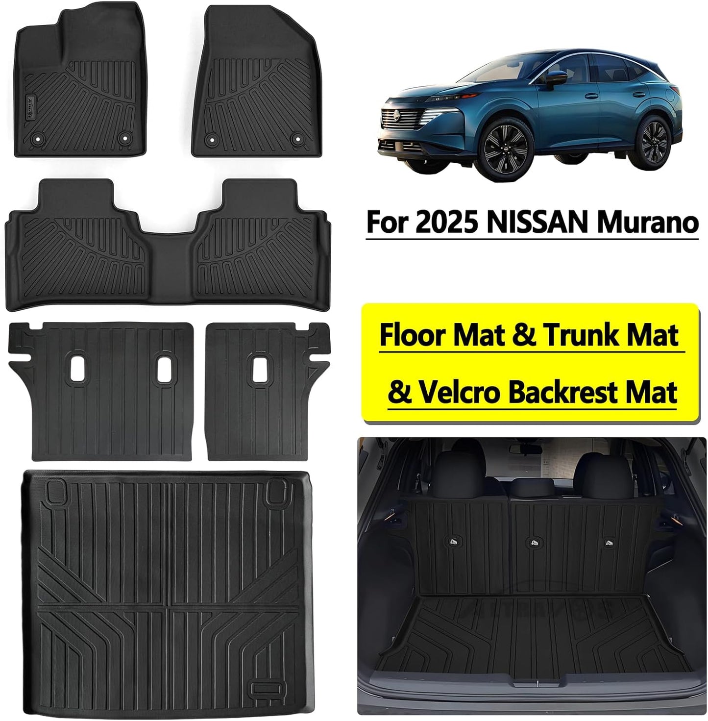 Floor Mat with Trunk Mat for 2025 Nissan Murano with Velcro Backrest Mat TPE All Weather Protection Floor Liners & Cargo Liners Covering The Backrest Accessories