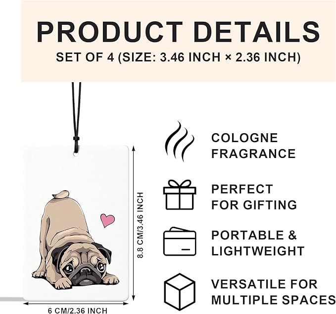 Cute Pug Car Air Freshener 4 Pcs, Pug Lover Gifts Air Freshener Hanging for Cars Books Closet Drawer, Pet Lover Gifts Car Accessories for Women Girls