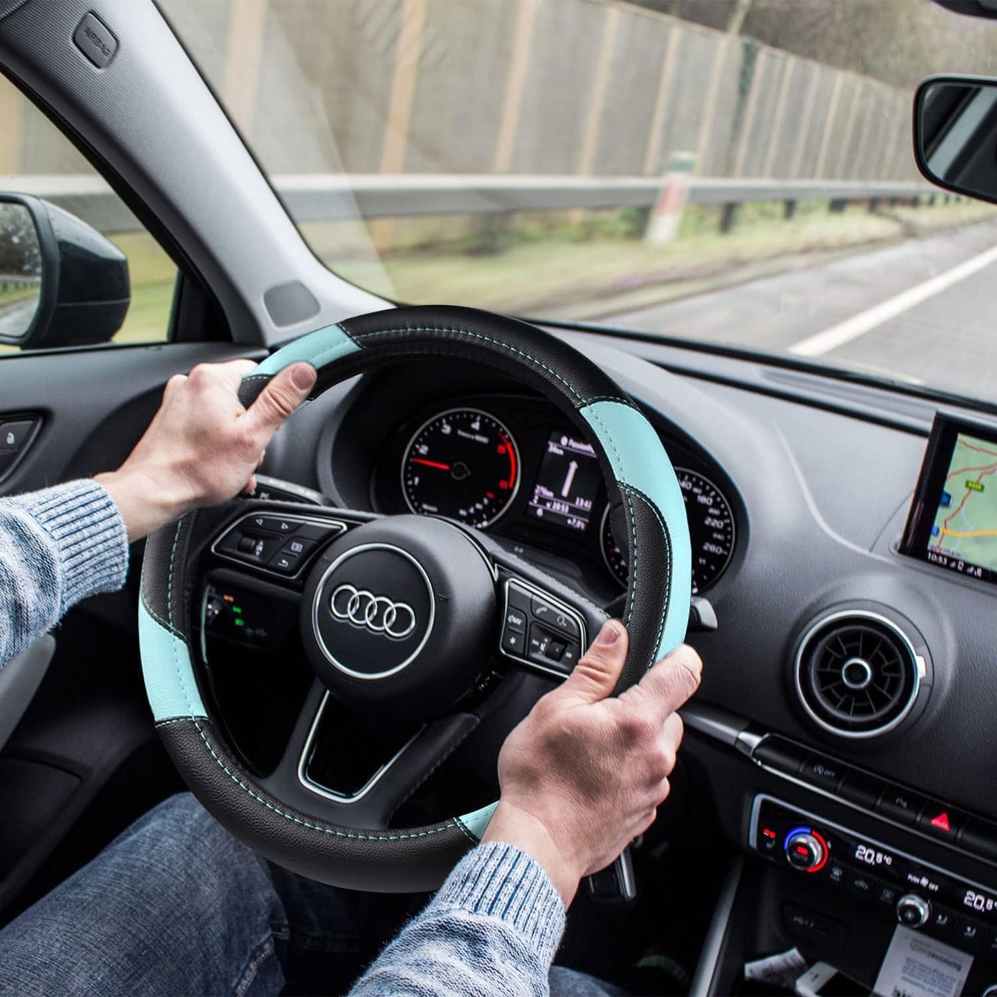 Leather Car Steering Wheel Cover, Non-Slip Car Wheel Cover Protector Breathable Microfiber Leather Universal Fit for Most Cars (Blue)